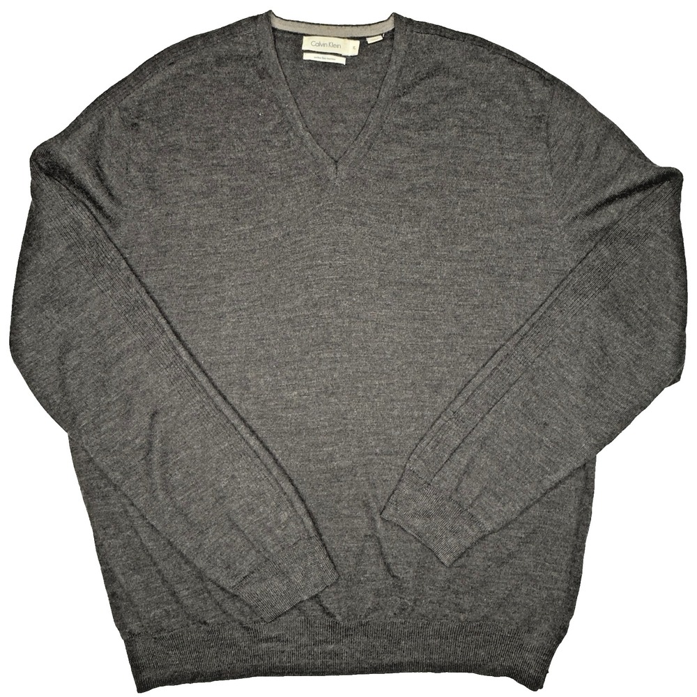 Calvin Klein Sweater Mens XL Charcoal Extra Fine Merino Wool V Neck Pullover